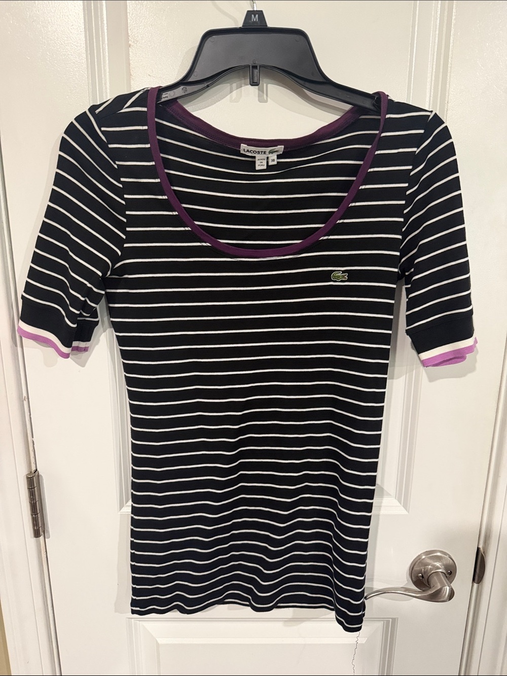 Lacoste Black & White Striped Scoop Neck Tee with Purple Trim